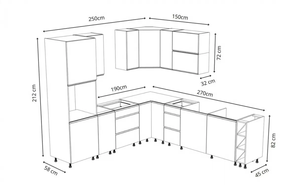 Komplet nábytku kuchynského Aspen 250x270cm z cokolem - biely lesk