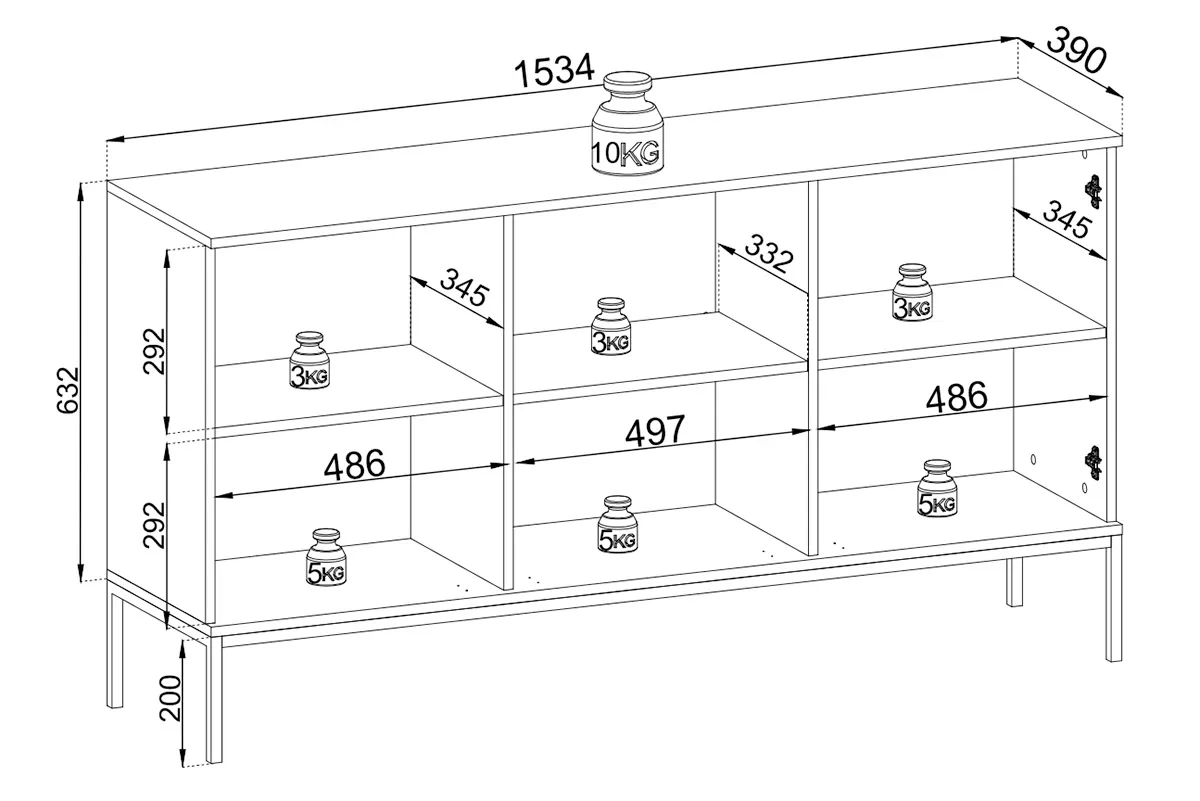 Komoda trojdverová Bogalo s frézovaným frontom i oswietleniem LED - Čierny / Dub wotan - Rozmery