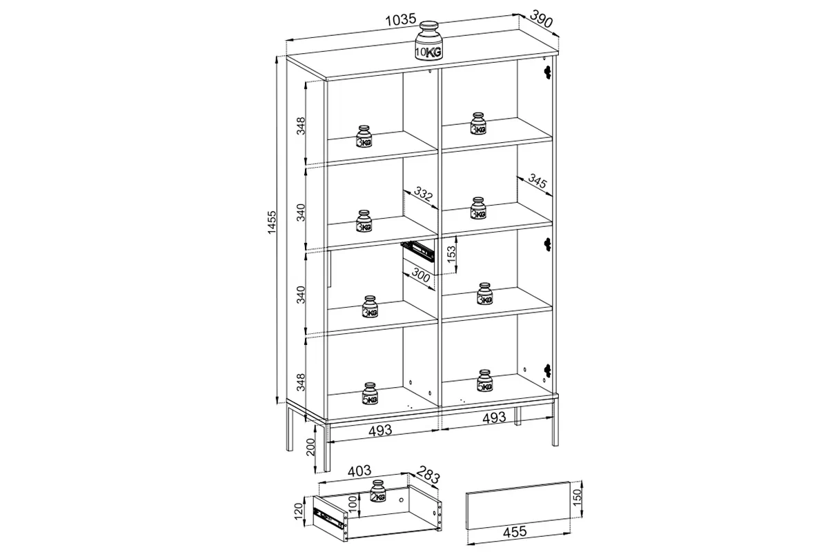 Vitrína vysoká Bogalo z ukryta szuflada i oswietleniem LED - Čierny / Dub wotan - Rozmery