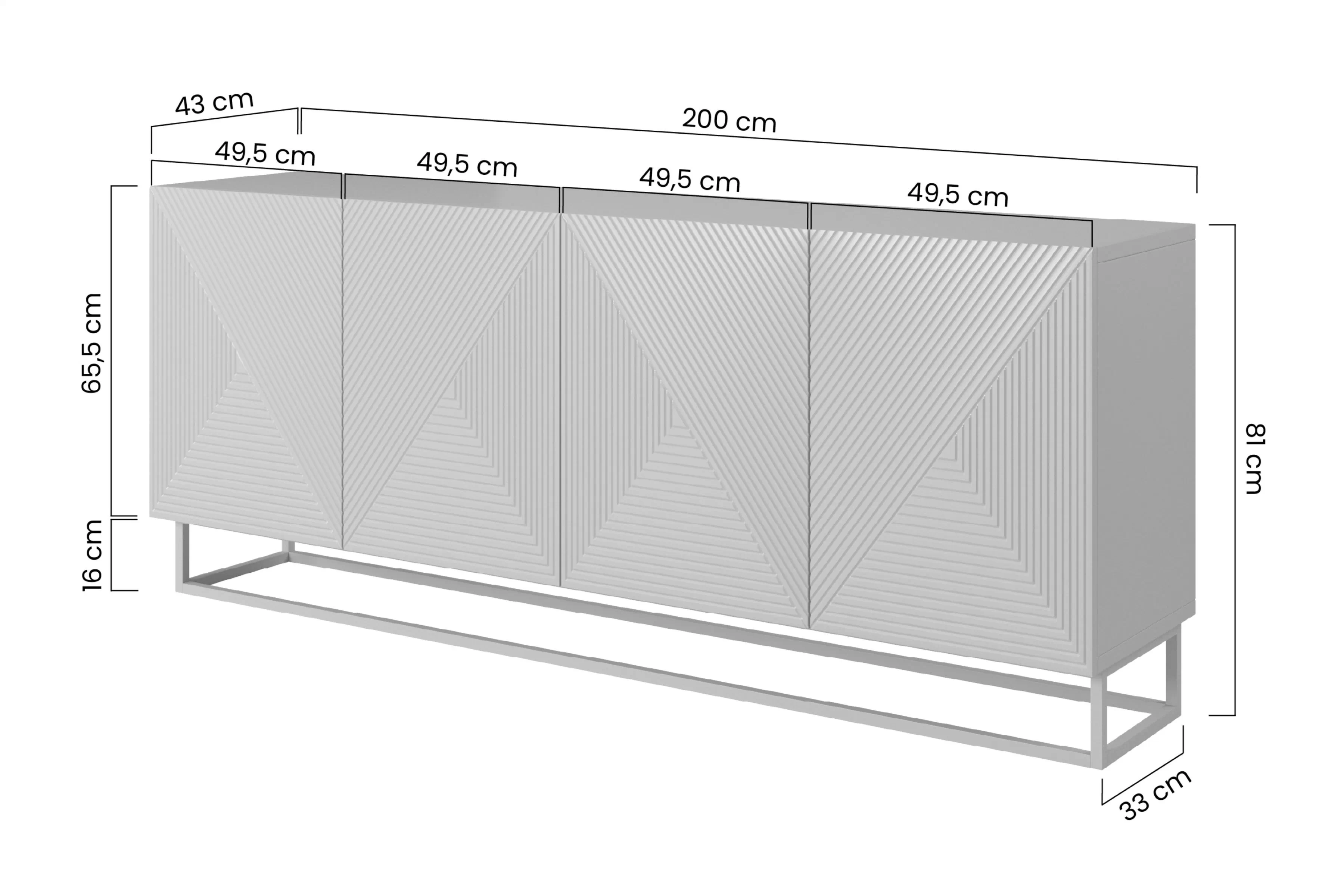 Komoda Asha 200 cm štvordverová na stelazu - biely mat