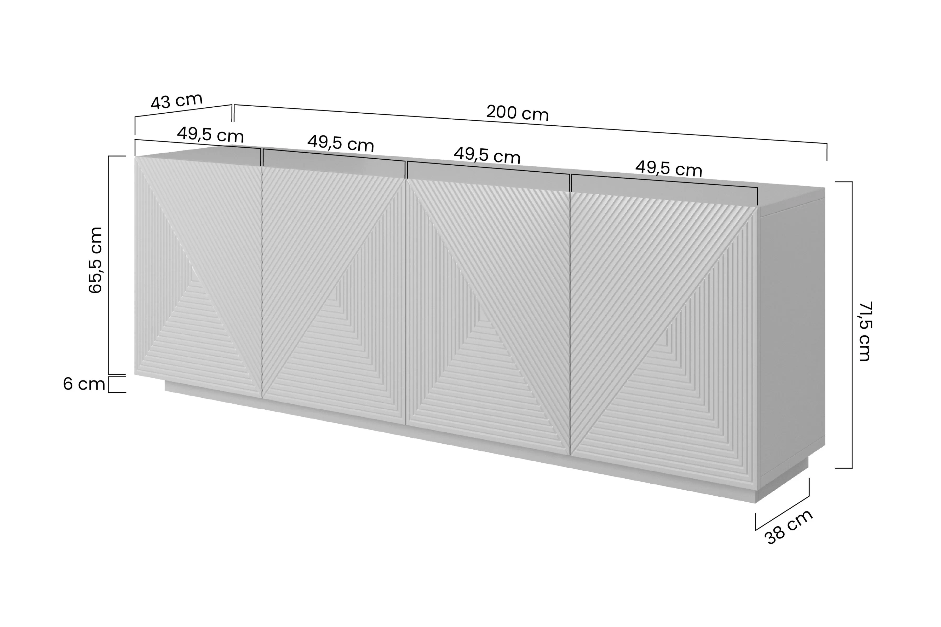 Komoda Asha 200 cm s frézovaným frontom - Čierny mat