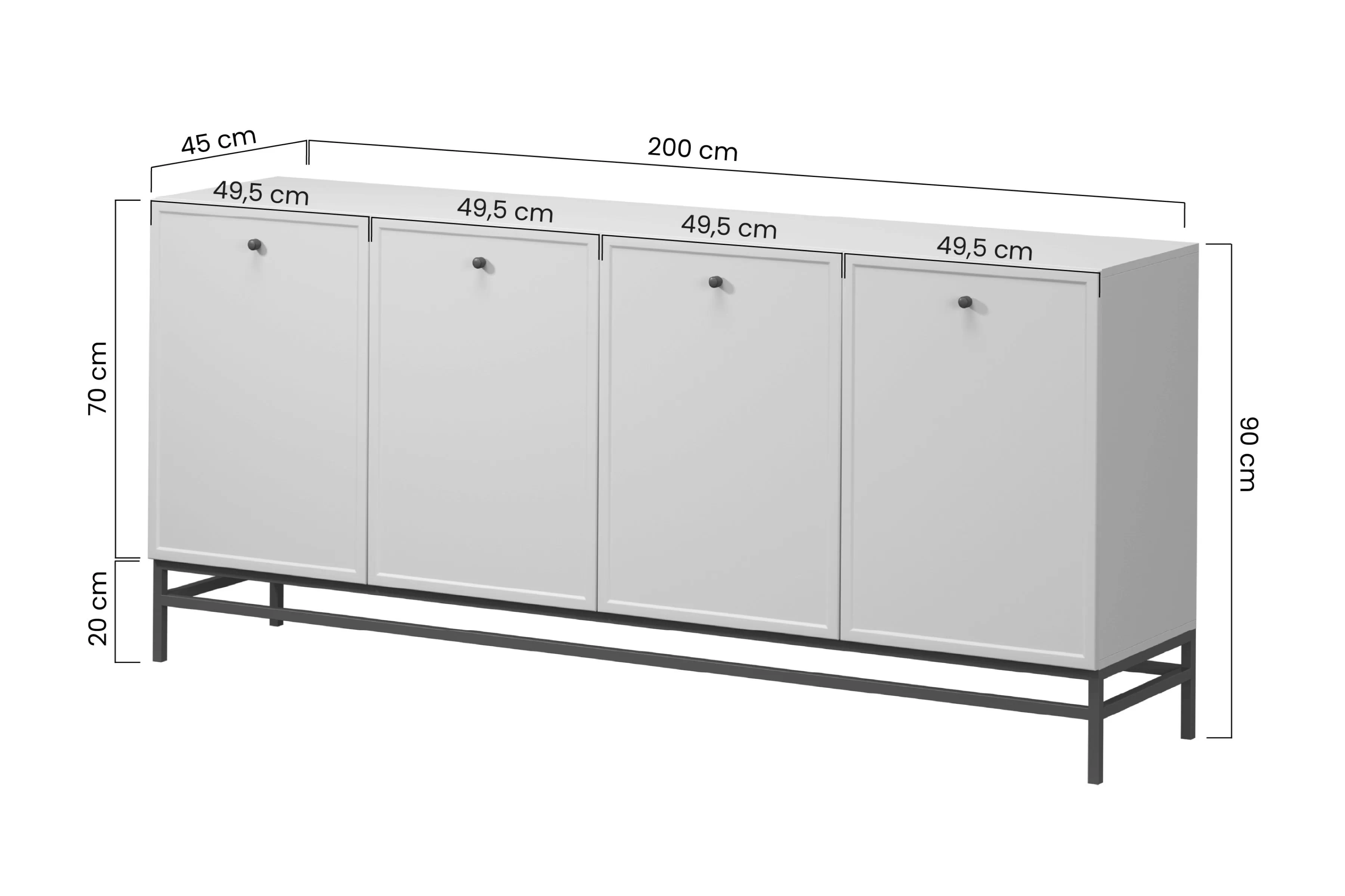 Štvordverová Komoda Lorini 200 cm - kašmír / čierny úchyty T-bar / Rošt