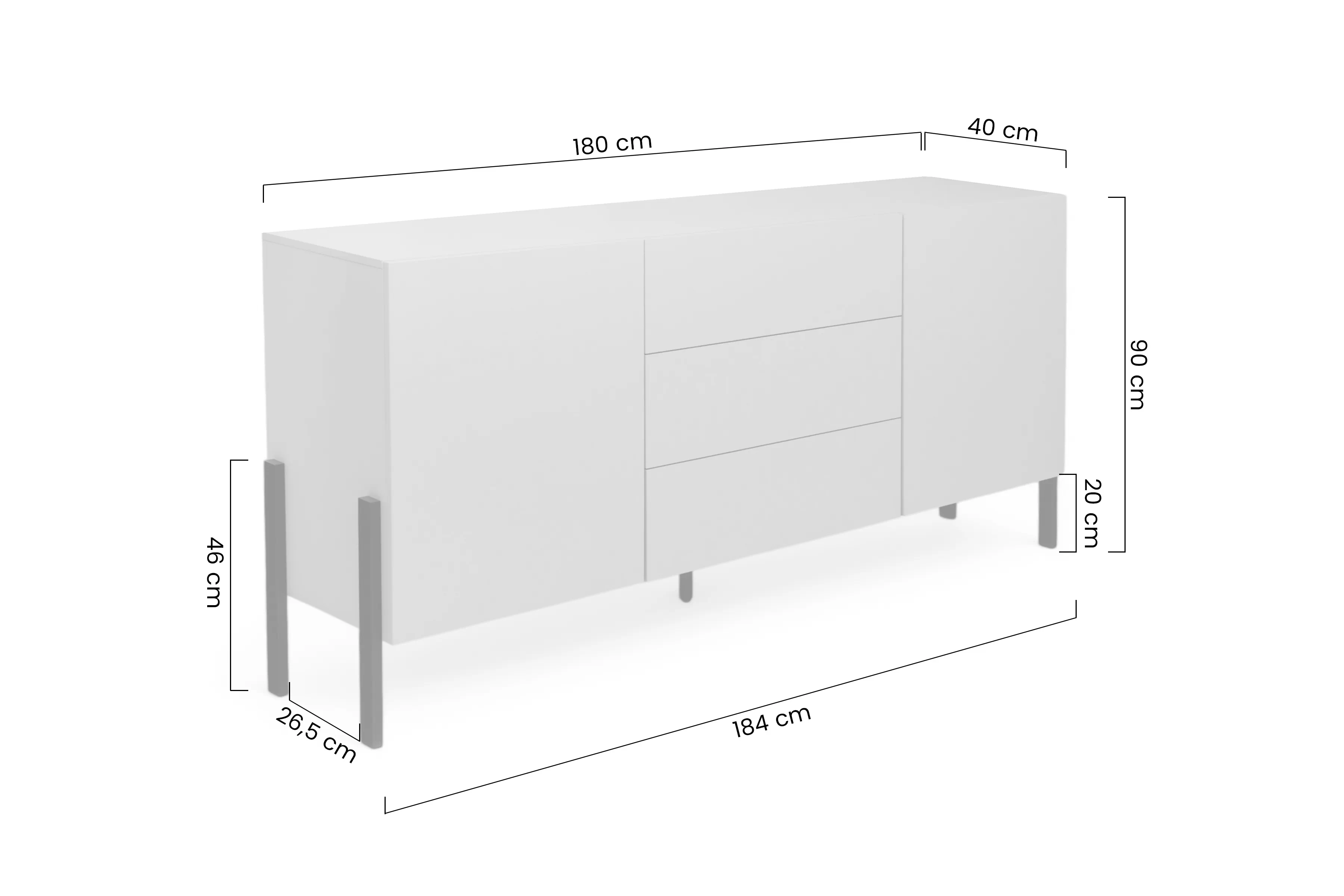 Komoda dvojdverová Jukon 184 cm so zásuvkami - Biely supermat / čierny nožičky