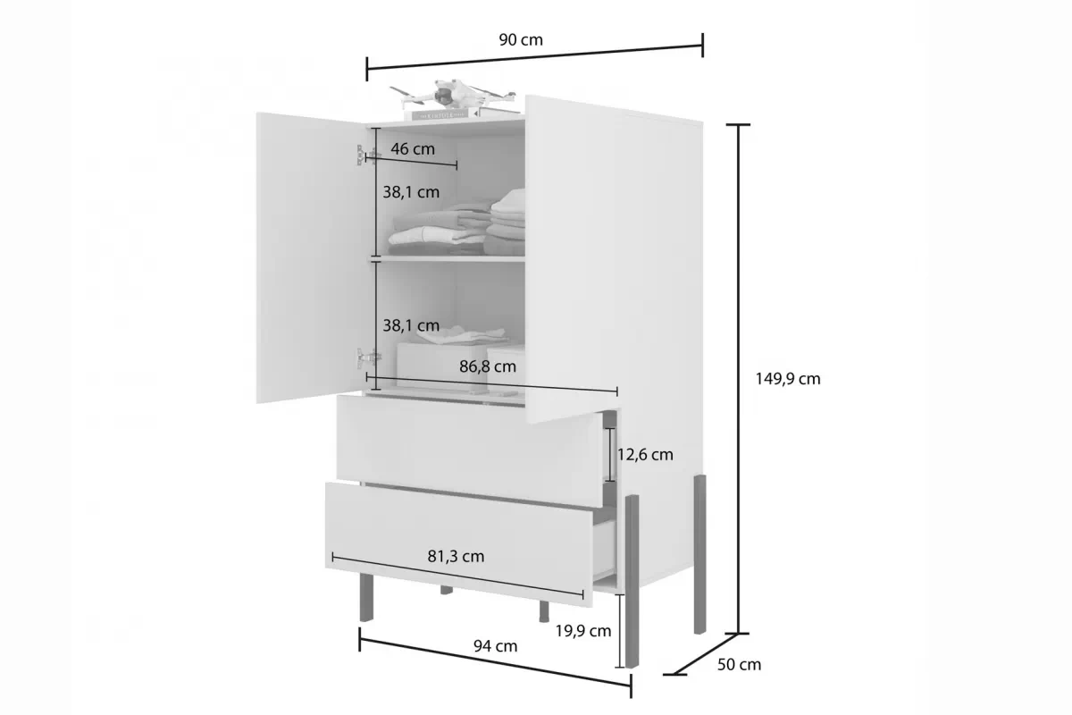 Komoda dvojdverová Jukon 90 cm so zásuvkami - Biely supermat / kovové nožičky