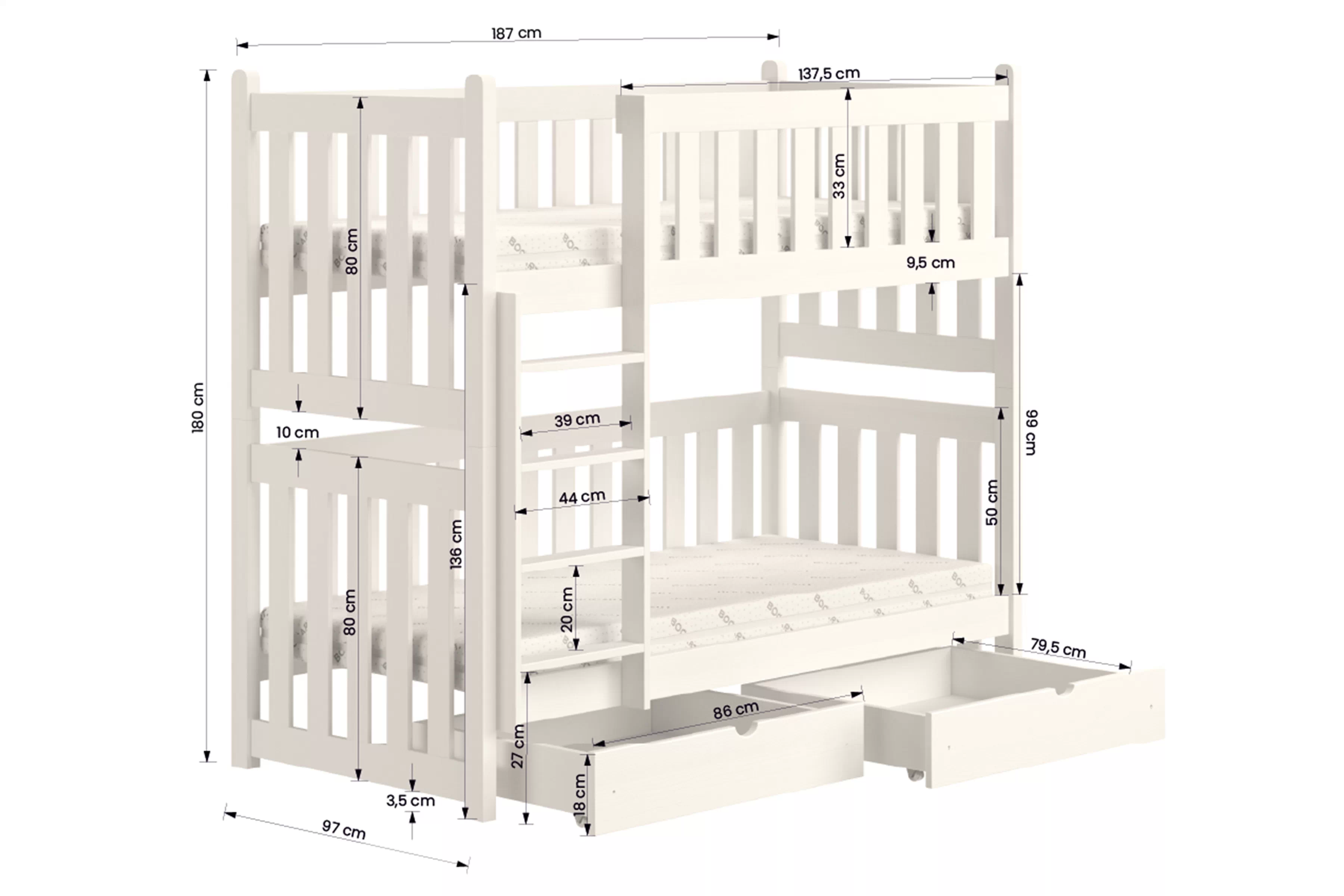 Posteľ poschodová Swen výsuvna - Biely / 90x180