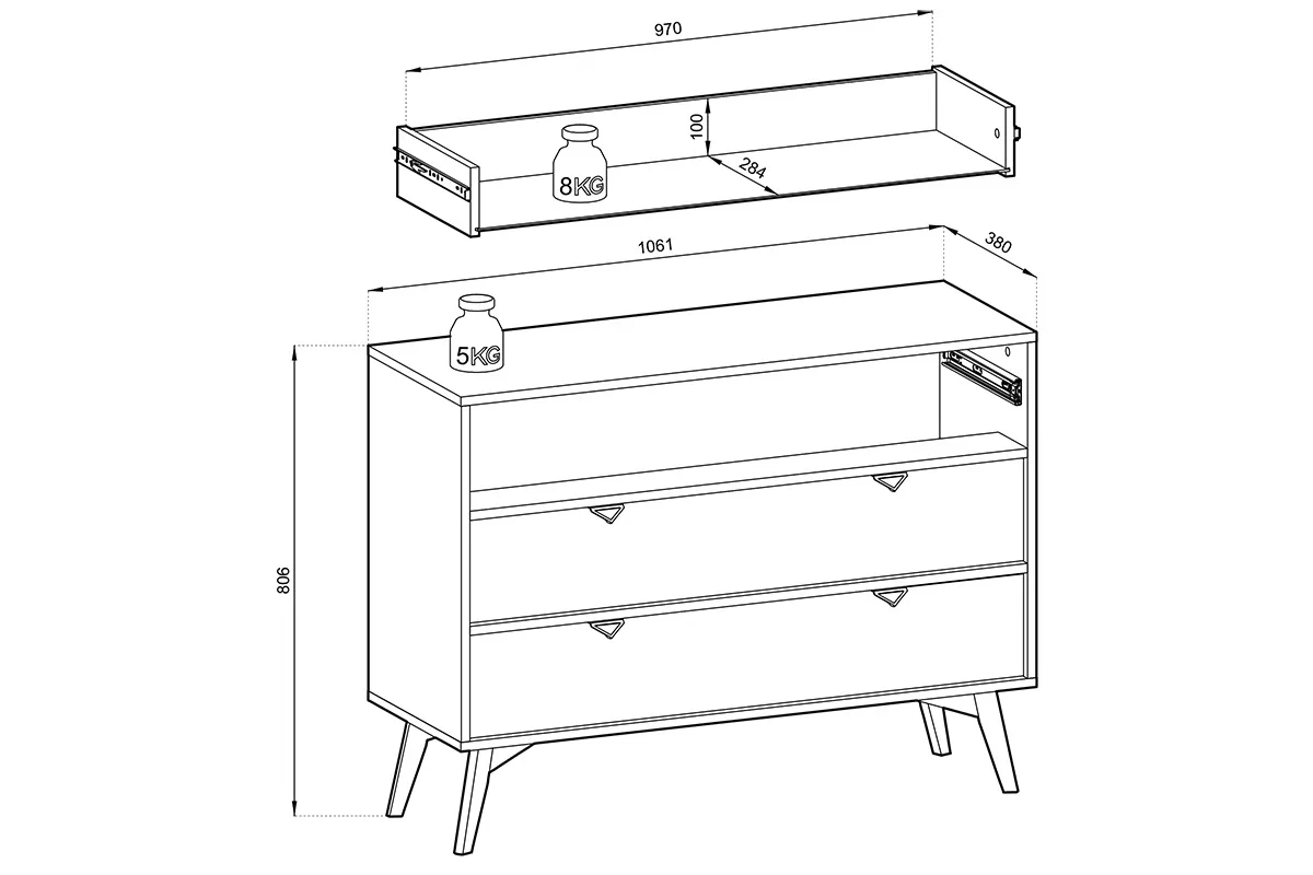 Komoda s tromi zásuvkami Lumira 106 cm - eukaliptus / jodelka skandi  - Rozmery
