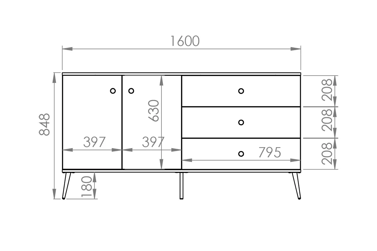 Komoda dvojdverová s tromi zásuvkami Forest 03 - labrador / zlaté - Rozmery