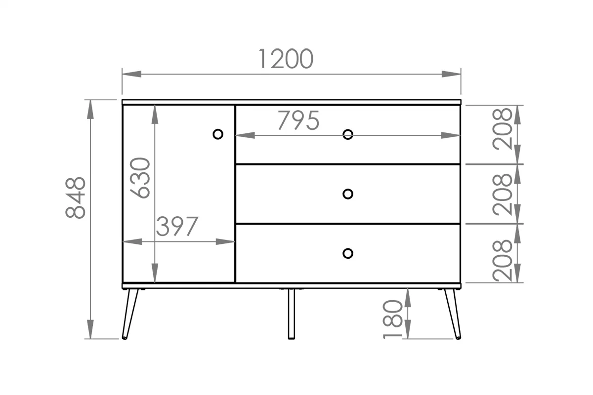 Komoda jednodverová s tromi zásuvkami Forest 04 - labrador / zlaté - Rozmery