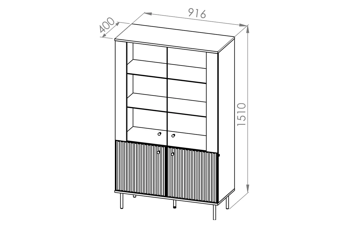 Vitrína štvordverová Sophie 03 s frézovaným frontom - kašmír / čierny nozki - Rozmery