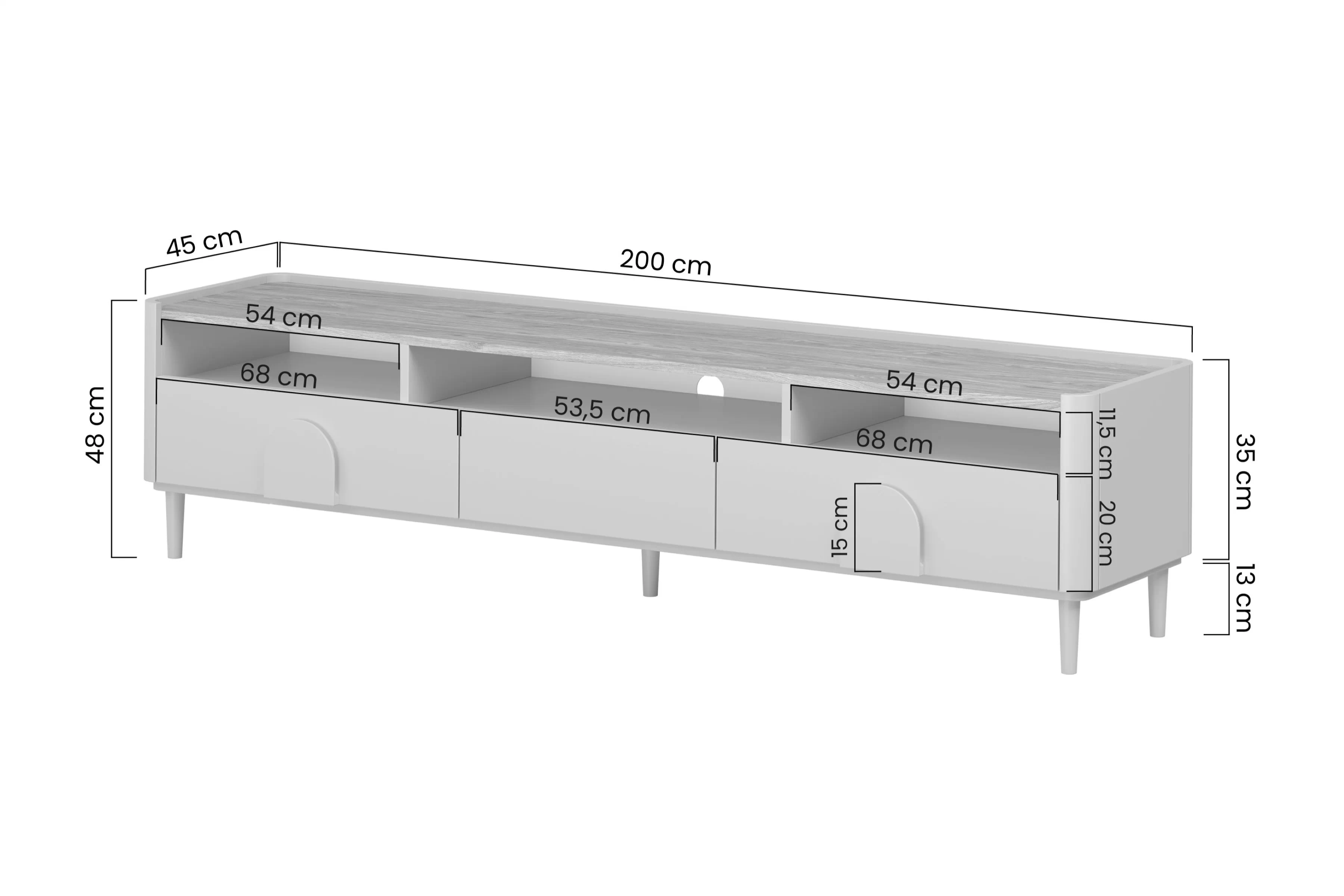 TV skrinka Amilio 200 cm so zásuvkami na nôžkach - kašmír / Dub olejowany / úchyty Svetlý dub