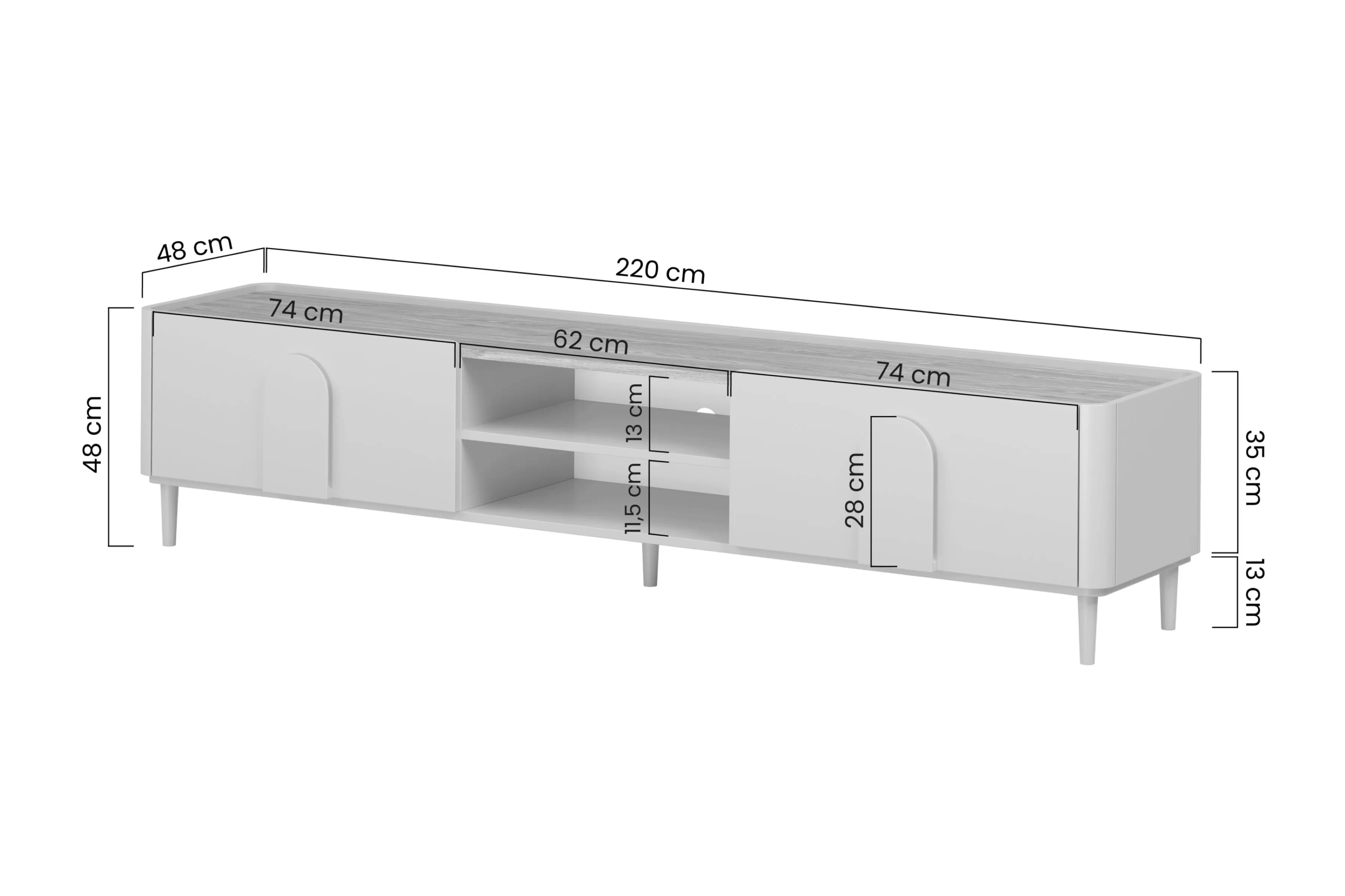 TV skrinka Amilio 220 cm z szuflada na nôžkach - eukaliptus / Dub baltic dune / úchyty Dub prírodné