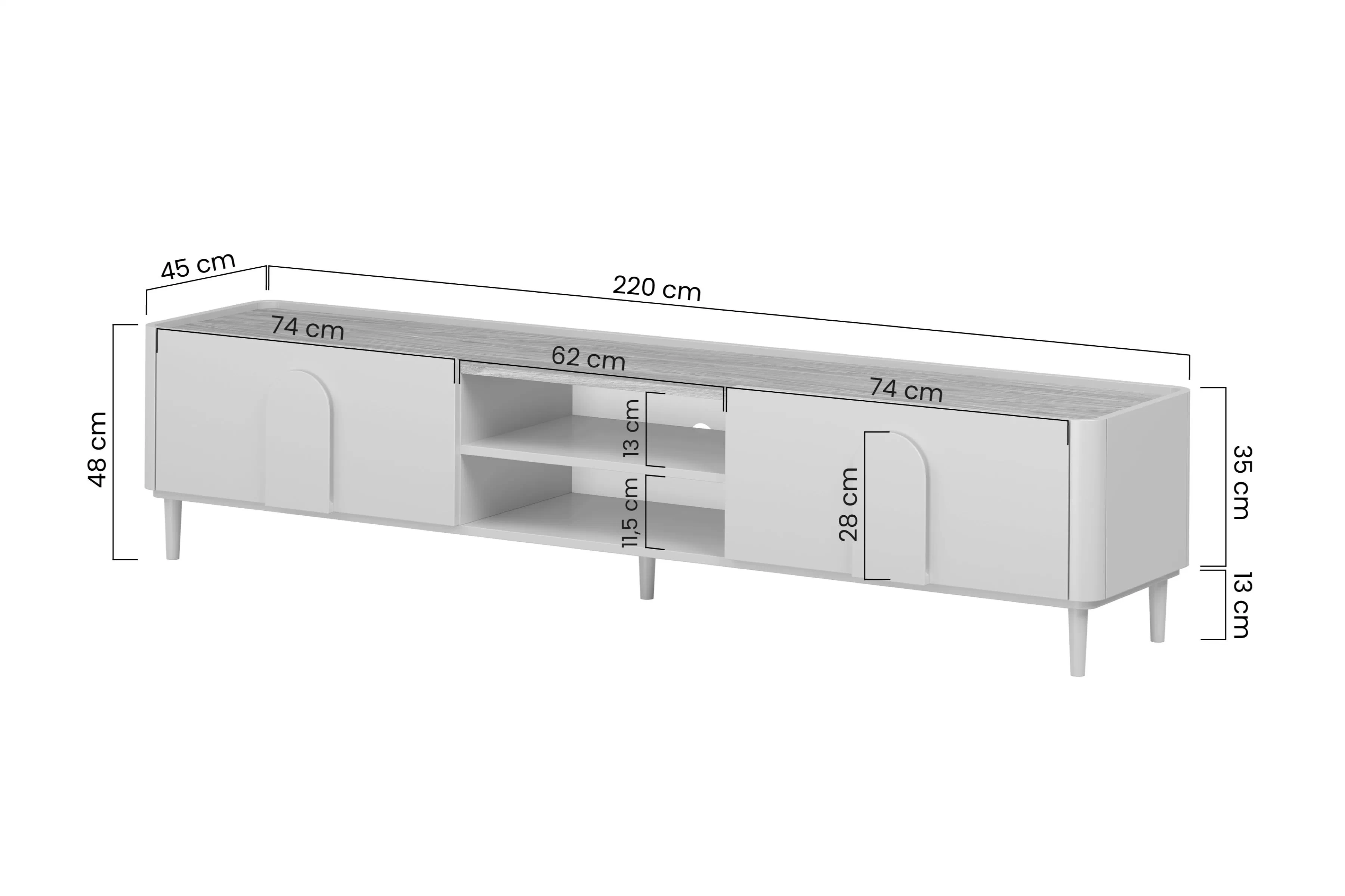 TV skrinka Amilio 220 cm z szuflada na nôžkach - eukaliptus / Dub baltic dune / úchyty Dub prírodné