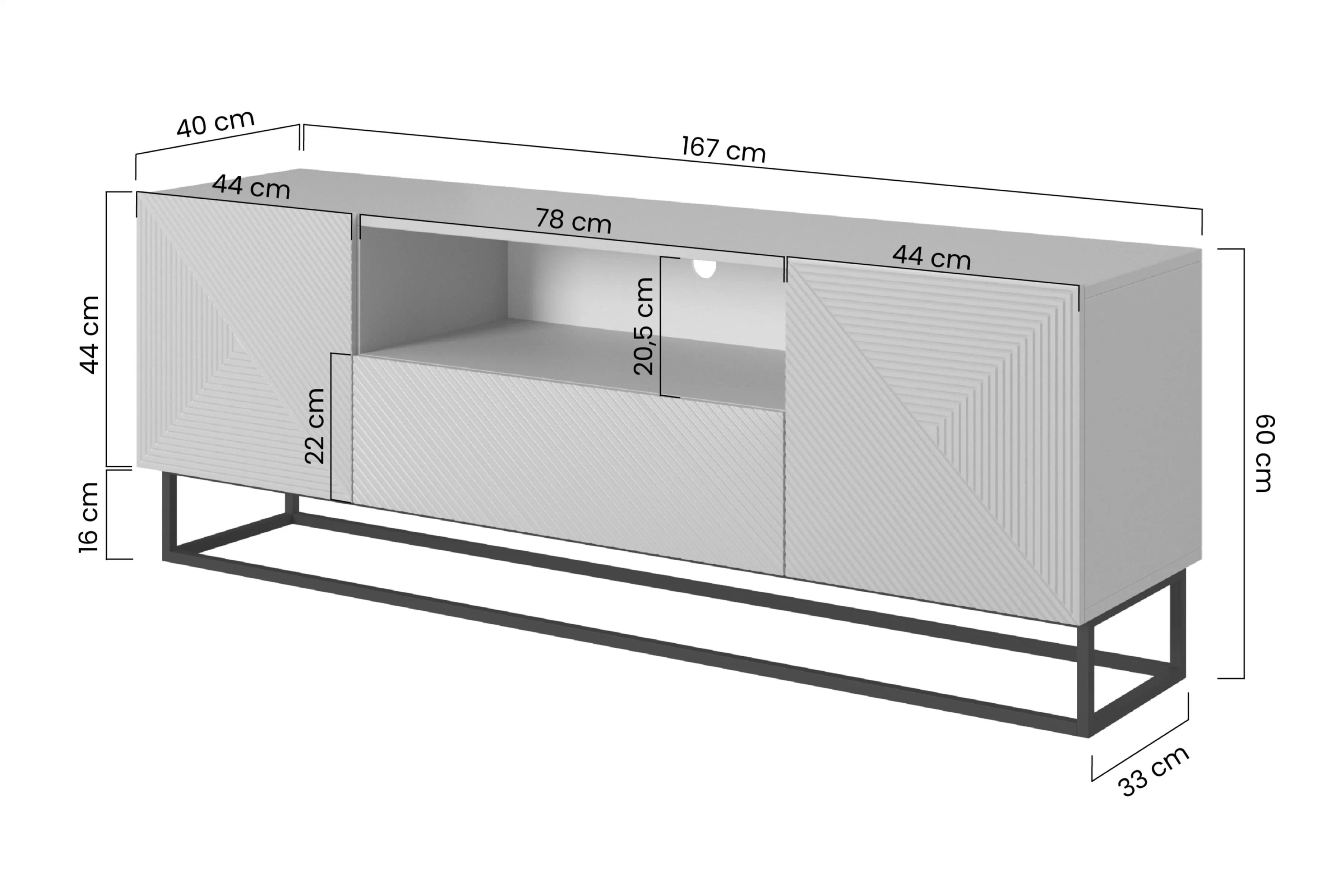 TV skrinka Asha 167 cm z szuflada i metalowym stelazem - biely mat