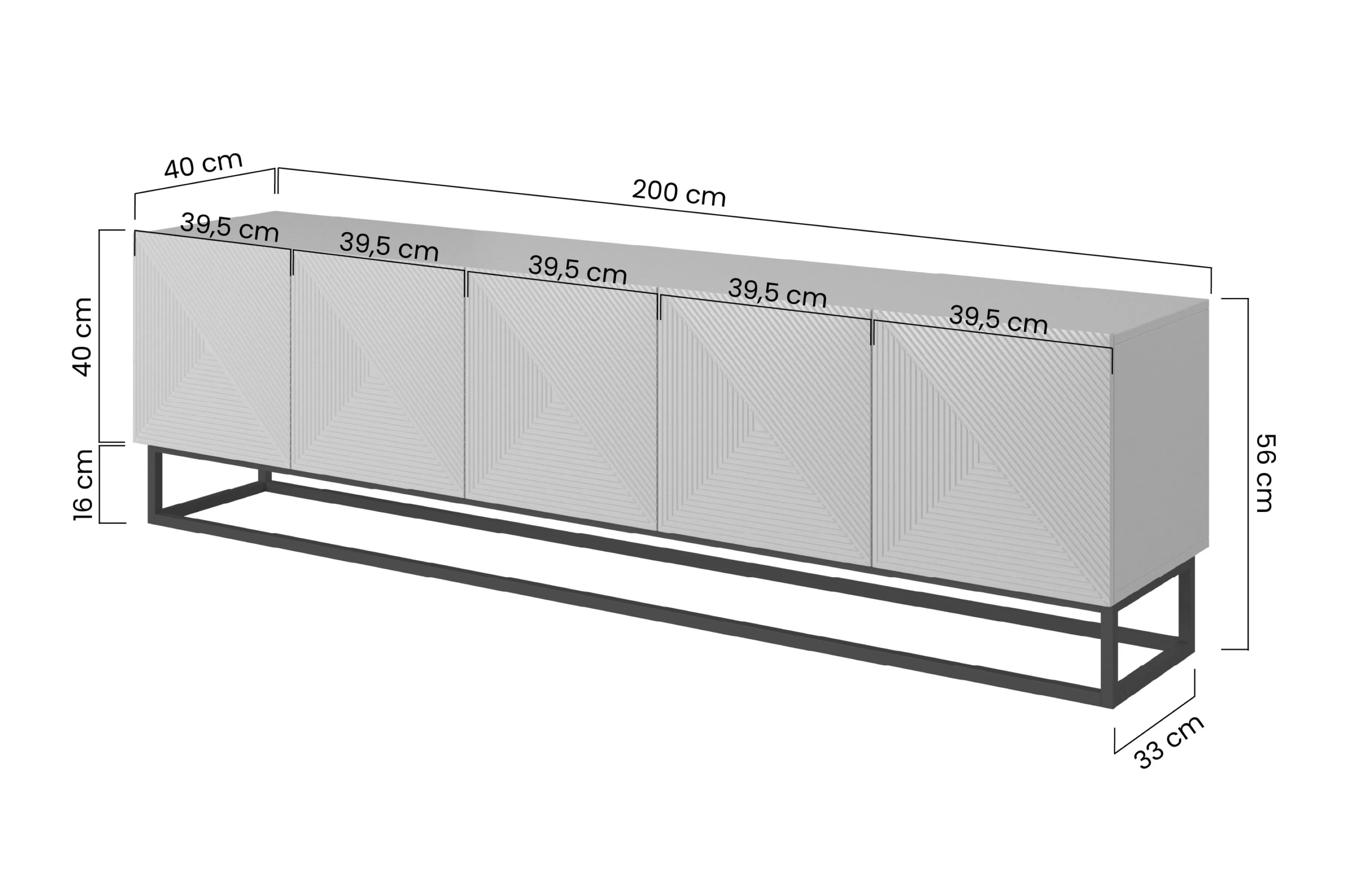 TV skrinka Asha 200 cm s frézovaným frontom i metalowym, čiernym stelazem - artisan / Čierny mat