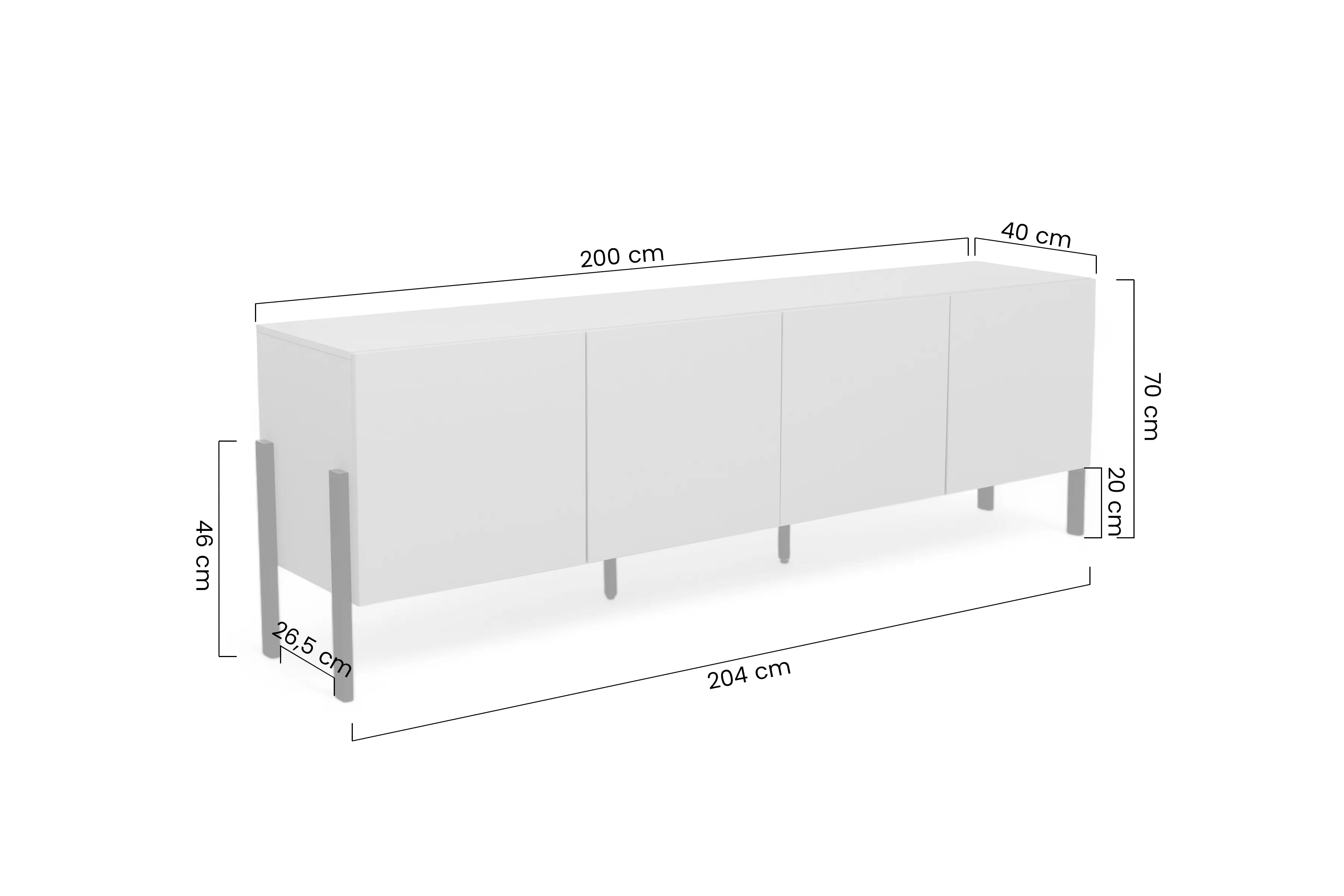 TV skrinka Wezilo 204 cm - Biely supermat / čierny nožičky