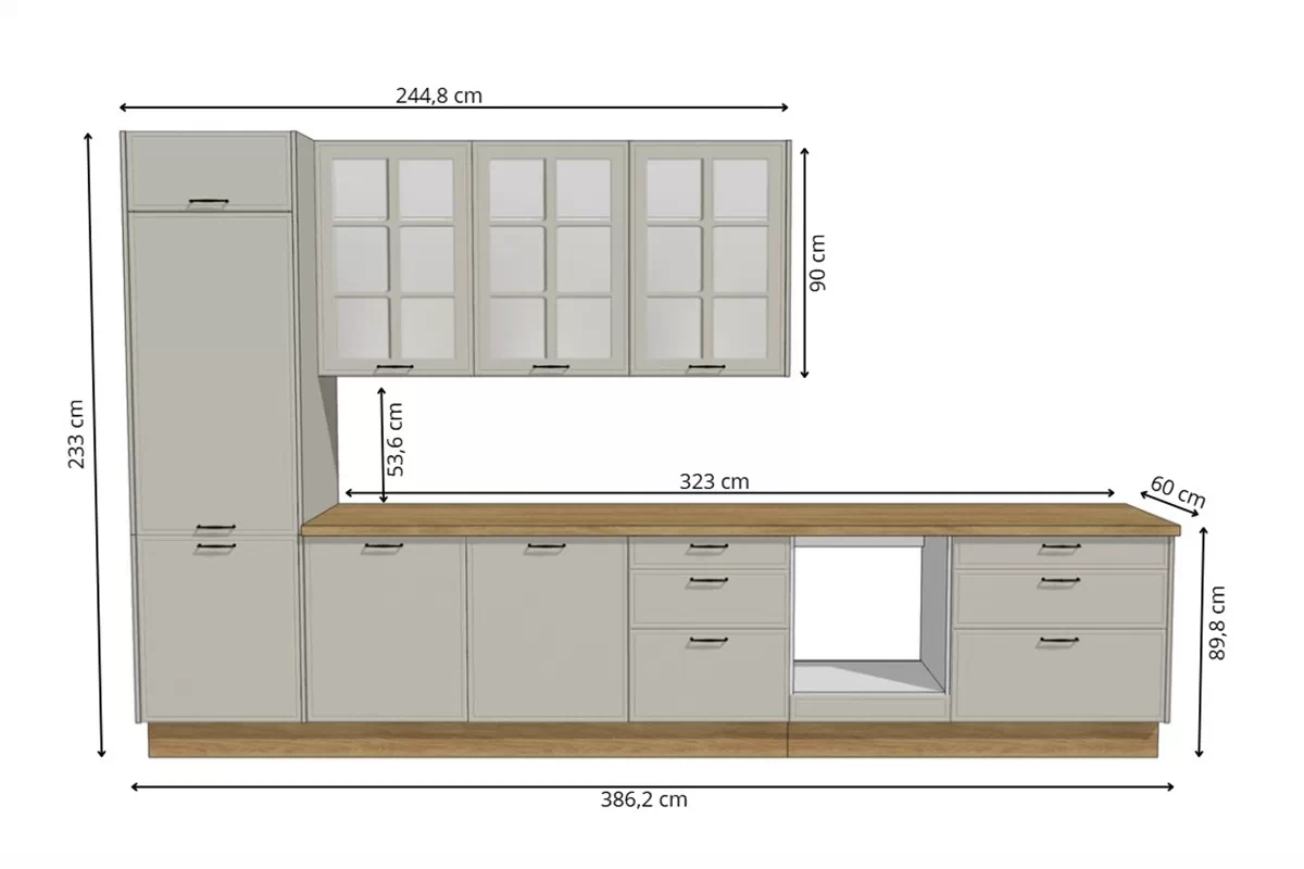 Komplet nábytku kuchynského Kammono 380 cm - skalny / Dub hikora